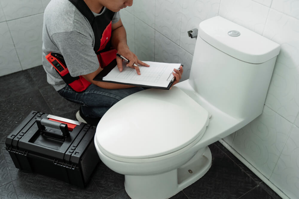 Person going through checklist for toilet repair
