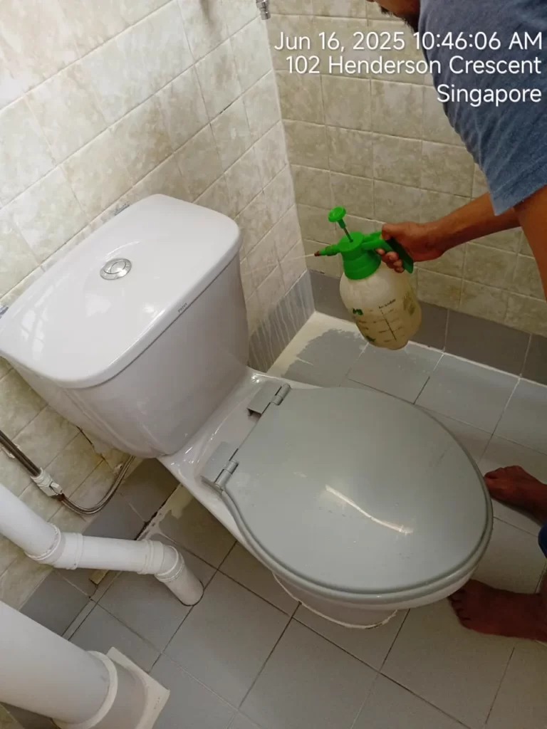 tiles corners near a toilet being treated with water proofing